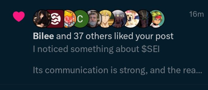 A social media notification shows "Bilee and 37 others liked your post" on a dark interface, with the post text reading "I noticed something about $SEI - Its communication is strong, and the rea..." (cut off). The "$SEI" ticker reference connects directly to the accompanying tweet praising the cryptocurrency.