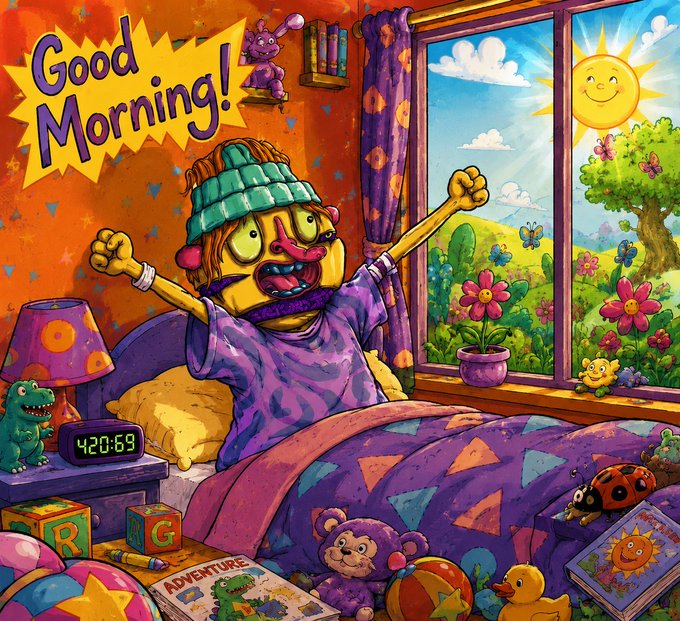 A colorful cartoon illustration showing a yellow character stretching in bed with "Good Morning!" text, a smiling sun in the window, and toys scattered around including a clock reading "4:20:69".