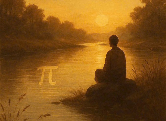 An atmospheric golden-toned painting of a figure sitting on a rock by a river at sunset, with the Greek letter π (pi) visible in the water.