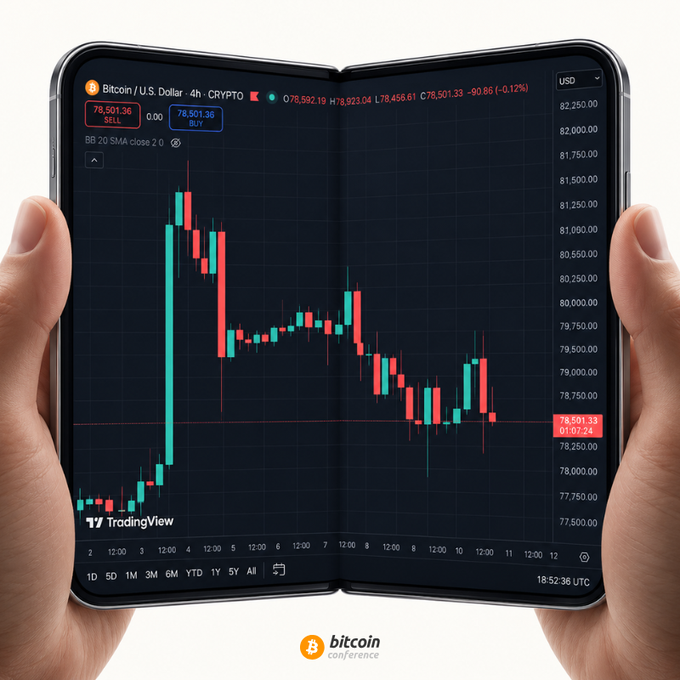 A pair of hands holds a dual-screen foldable device displaying a TradingView candlestick chart of Bitcoin/U.S. Dollar (BTC/USD) trading around $78,501.33, visually playing on the caption's "two screens" joke by literally doubling the display real estate for monitoring BTC's price action.