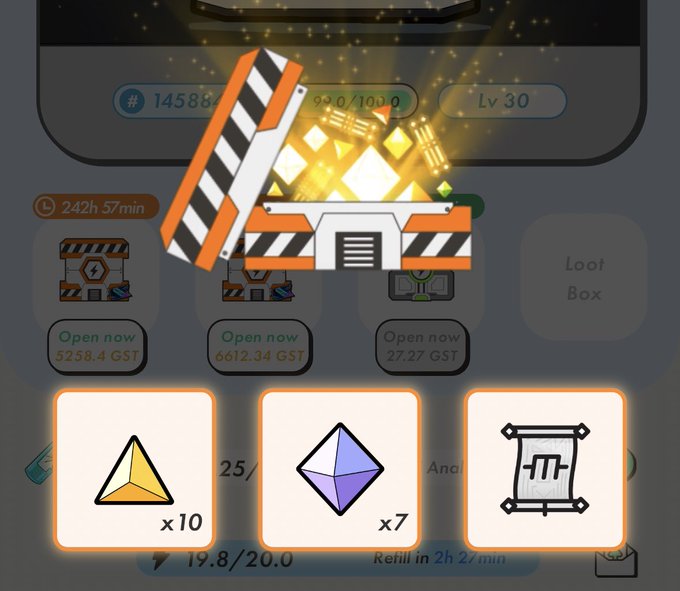Mobile game screenshot showing an open treasure crate with glowing gold, revealing rewards of a yellow triangle x10 and a purple diamond x7, with stats like "Lv 30" and "242h 37min" visible.