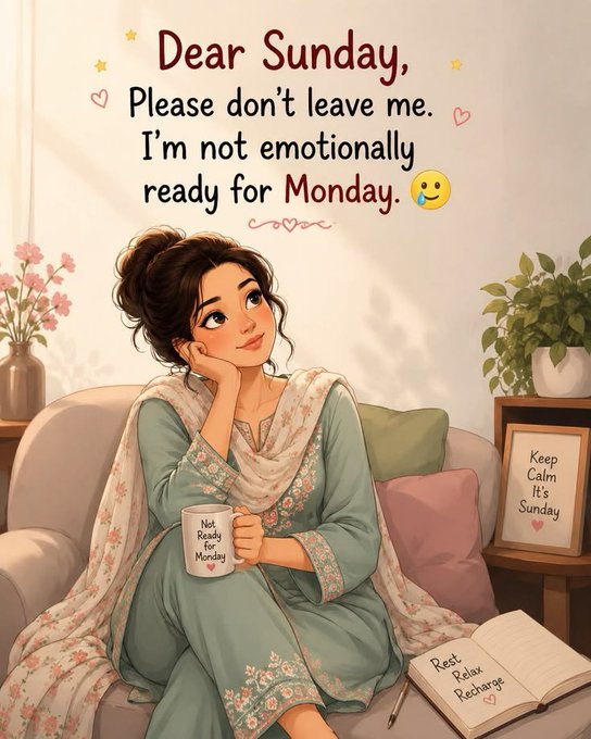 An illustration of a woman holding a mug that reads "Not Ready for Monday" sits on a couch with text above stating "Dear Sunday, Please don't leave me. I'm not emotionally ready for Monday."