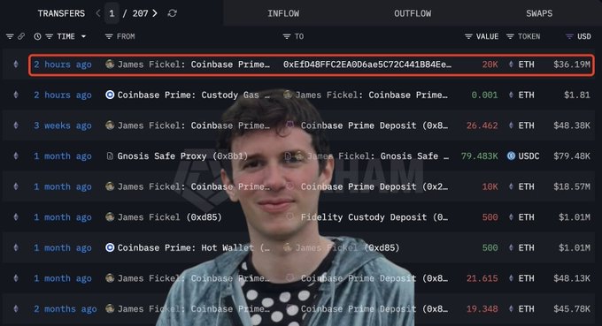 A crypto transfer history screen showing recent transactions from James Fickel to Coinbase Prime, with a highlighted 20K ETH transfer worth $36.19M from 2 hours ago.