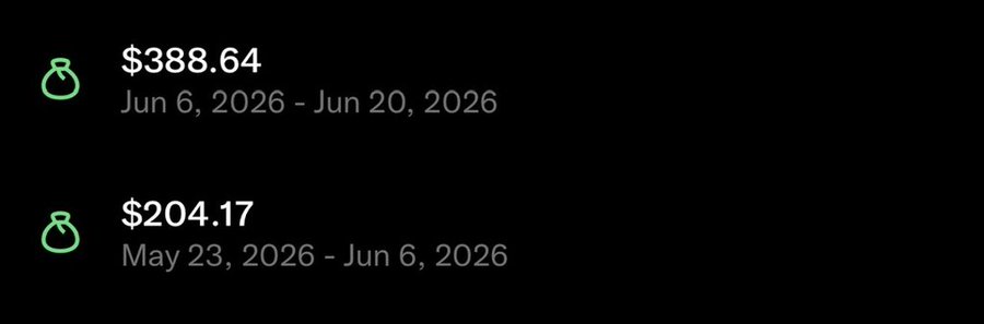 A dark screen displaying two payout amounts: $388.64 for Jun 6, 2026 - Jun 20, 2026, and $204.17 for May 23, 2026 - Jun 6, 2026, each marked with a green money bag icon.