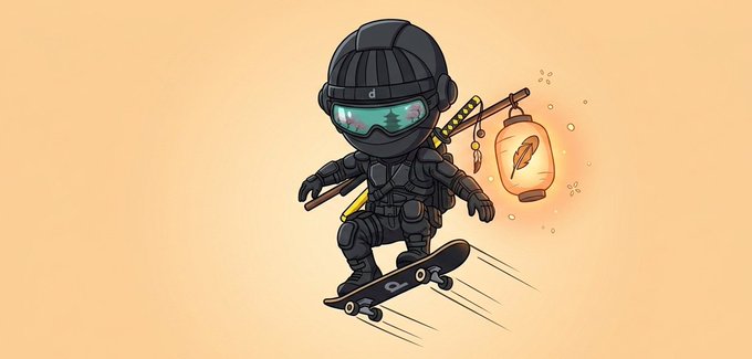 A digital illustration of a character in black tactical gear and goggles riding a skateboard while carrying a staff with a glowing paper lantern.