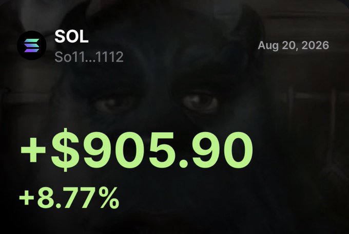 A black dog with intense, glowing eyes stares menacingly from the background of a crypto price card showing SOL (Solana) at +$905.90 (+8.77%) on August 20, 2026. The dramatic "demon dog" meme pairs perfectly with the caption about believing in and buying the dip on SOL.