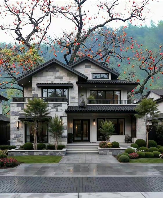 A modern two-story stone and tile house with a dark roof, surrounded by manicured landscaping and persimmon trees with red fruit.