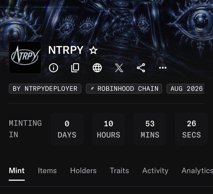 Screenshot of an NFT minting page on Robinhood Chain for "NTRPY" by NTRPYDEPLOYER, showing a countdown timer to August 2026.