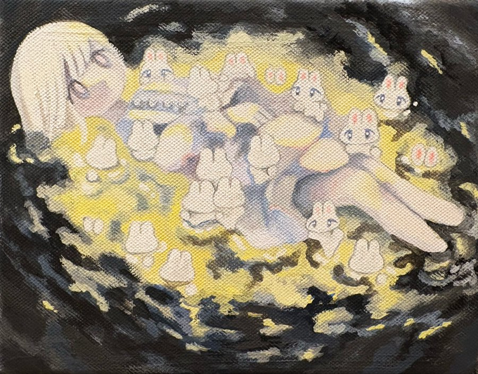 Artistic painting depicting a girl with long white hair surrounded by numerous small white cats/bunnies in a swirling dark and yellow composition.