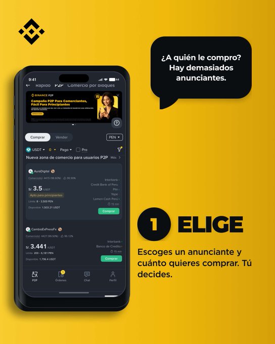 A smartphone displays the Binance P2P trading interface, showing USDT buy orders from merchants "AvaDigital" priced at 3.5 USDT and "CanalesPressFx" at 3.441 USDT, alongside text in Spanish explaining the three-step process—"¿A quién le compró?", "ELIGE: Escoges un anunciante y cuánto quieres comprar. Tú decides."—to guide first-time P2P buyers and promote a 5 USDT sign-up bonus.