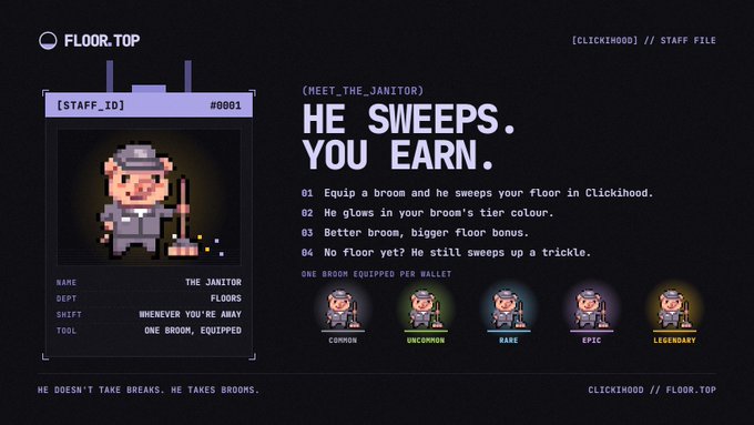 A pixelated staff file (STAFF_ID #0001) showcases "THE JANITOR," a character who sweeps floors in Clickihood when equipped with a broom, with better brooms yielding greater bonus floors. The post highlights the janitor as a reward for $FLOOR sale participants, emphasizing his tier-colored glow and unique utility for token holders.
