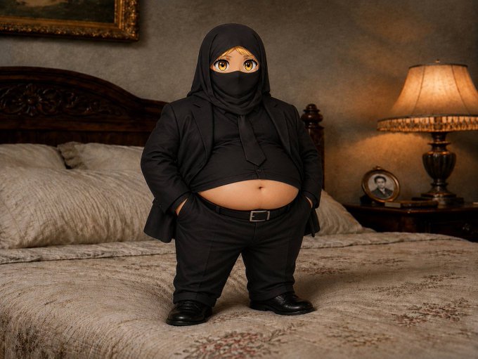 A small anime-style figure wearing a black hijab and suit stands on a bed in a dimly lit bedroom, appearing to pose for a promotional photo.

The figure's cartoonish, cutout-like appearance contrasts with the realistic bedroom setting, creating a surreal visual to accompany the upbeat "gm guys" crypto-style greeting and partnership announcement teaser.