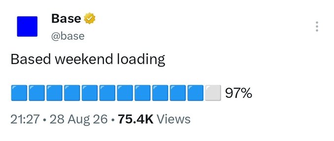 A social media post from the verified account "Base" (@base) saying "Based weekend loading" with blue block emojis representing 97%, dated 28 Aug 26 with 75.4K views.