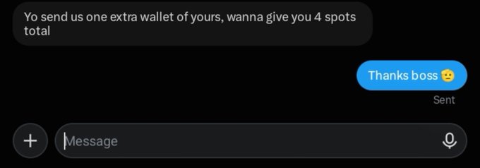A text message exchange shows someone offering "4 spots total" in exchange for a wallet, with the reply "Thanks boss 😘," aligning with the post's promotional strategy of giving away spots to active mutuals.