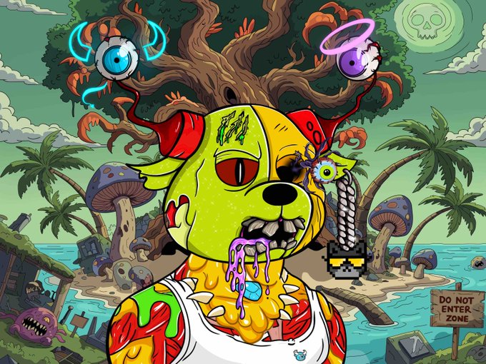 A vivid cartoon illustration of a yellow dog-like character with red eyes, exposed teeth, and dripping slime in a tropical beach setting with mushrooms, palm trees, and a sign reading “DO NOT ENTER ZONE.”