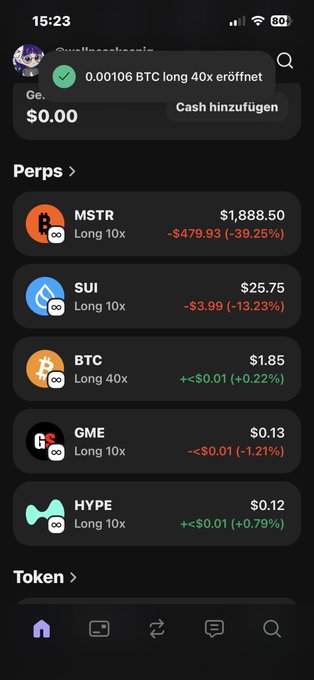 The image features a black iPhone screen with various app icons representing different cryptocurrencies, such as Bitcoin and Etherum. The text on the phone's home screen reads "Perps Long 10x" which is likely related to trading these cryptocurrencies. In addition to the app icons, there are also images of coins that represent some other cryptocurrency exchanges. One coin has an image of a person holding it up. These elements together provide context about the phone's usage and its connection to the post in question.