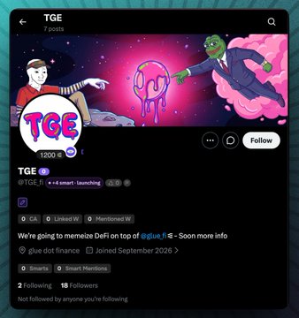 A social media profile for 'TGE' displays a colorful banner with cartoon characters and the text 'We're going to memelize DeFi on top of goblue.fi - Soon more info,' with 1200 followers and 7 posts.