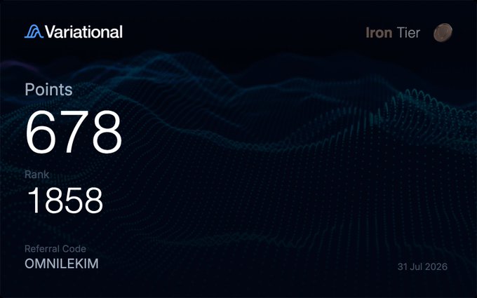 A Variational dashboard showing 678 Points, Rank 1858, Iron Tier status, referral code OMNILEKIM, dated 31 Jul 2026.