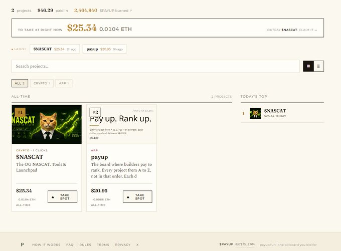 A screenshot of a payup.fun leaderboard page showing $NASCAT at #1 spot ($25.34, 0.0104 ETH) and payup at #2 ($20.95, 0.0086 ETH), with the tagline 'The OG $NASCAT. Tools & Launchpad'.