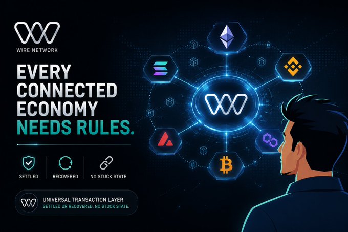 A promotional graphic for 'WIRE NETWORK' featuring the text 'EVERY CONNECTED ECONOMY NEEDS RULES' and 'UNIVERSAL TRANSACTION LAYER', alongside logos for various cryptocurrencies like Bitcoin, Ethereum, and Solana.