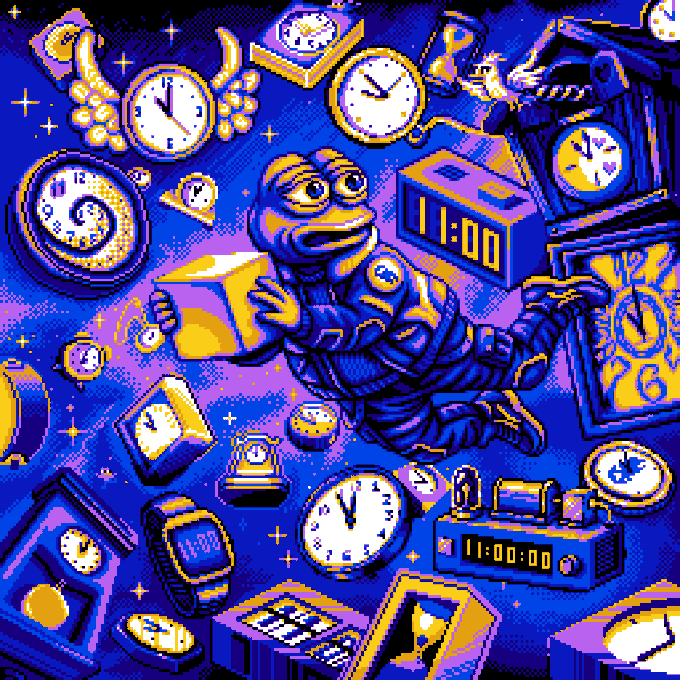 A pixel art illustration features a frog-like figure floating in a blue cosmic space surrounded by various clocks, watches, and timers, including one digital display reading "11:00" and another showing "11:00:00," visually echoing the "Eleventh Hour" mint theme and the 4-hour countdown urgency of the post.