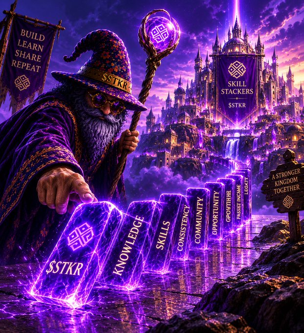 A fantasy digital artwork featuring a wizard in purple robes with glowing purple stones inscribed with words like 'KNOWLEDGE', 'SKILLS', and 'COMMUNITY', branded with $STKR and 'Skill Stackers' castle imagery.