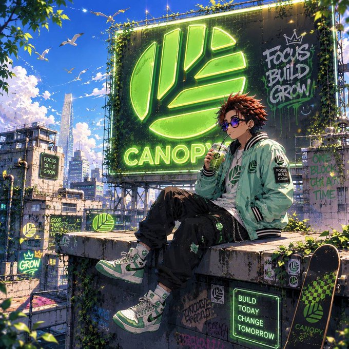 A young person with sunglasses relaxes on a graffiti-covered rooftop ledge holding a drink, while a giant neon "CANOPY" billboard with "FOCUS BUILD GROW" signage looms behind them amid an overgrown urban skyline. The image visually echoes the post's themes by reinforcing Canopy Network's "build today, change tomorrow" messaging and its grassroots, community-driven approach to blockchain experimentation.