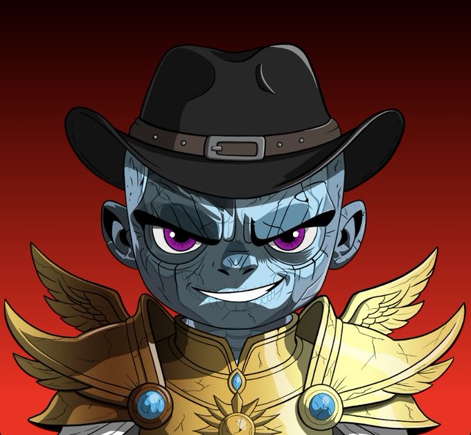 A cartoon-style illustration of a menacing, cracked-skinned character with glowing purple eyes, wearing a black cowboy hat and ornate gold armor with a blue gem, set against a red background.