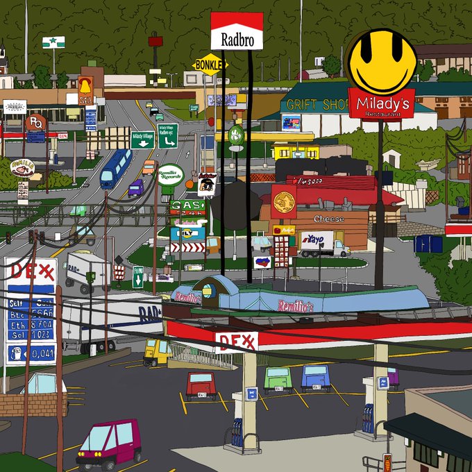 A vibrant, illustrated commercial strip features towering signs for businesses like "Radbro," "Miladys Restaurant," "Bonkle," "DEx," "Krusty Krab," "Cheeeeeese," and "idlays," alongside gas pumps and various storefronts. The scene visually echoes the "MILADY WORLD ORDER" post by depicting a stylized, meme-infused commercial landscape dominated by the iconic Miladys restaurant sign, suggesting a surreal takeover by this web3 subculture.