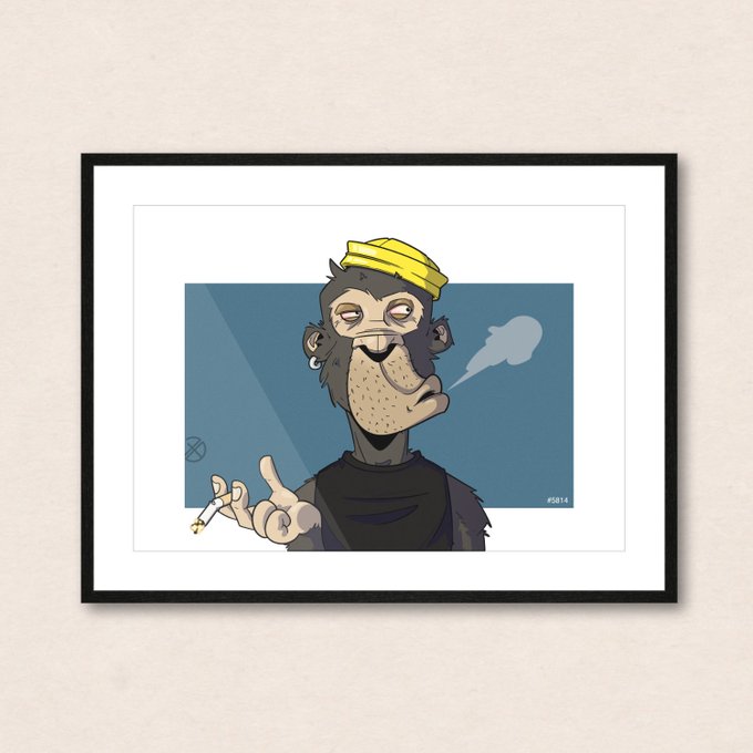 The image features a cartoon monkey holding a cigarette, with a yellow hat on its head. The monkey appears to be smoking while standing against a blue background. The caption of the image reads "GM and happy Wednesday 5 consecutive days of @BoredApeYC community artist. Today a somewhat evil-bored version of my Ape Loki by @ZEP_BEEPEE". This post is about celebrating an artist's work, specifically focusing on the artist who created this cartoon monkey character.