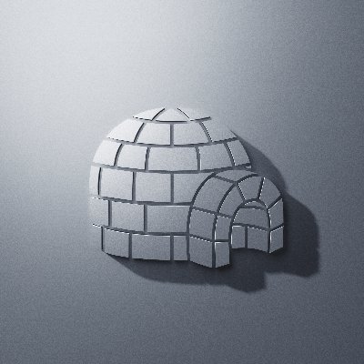 A 3D rendered gray igloo made of brick-like blocks with an arched entrance, sitting on a plain gray surface.