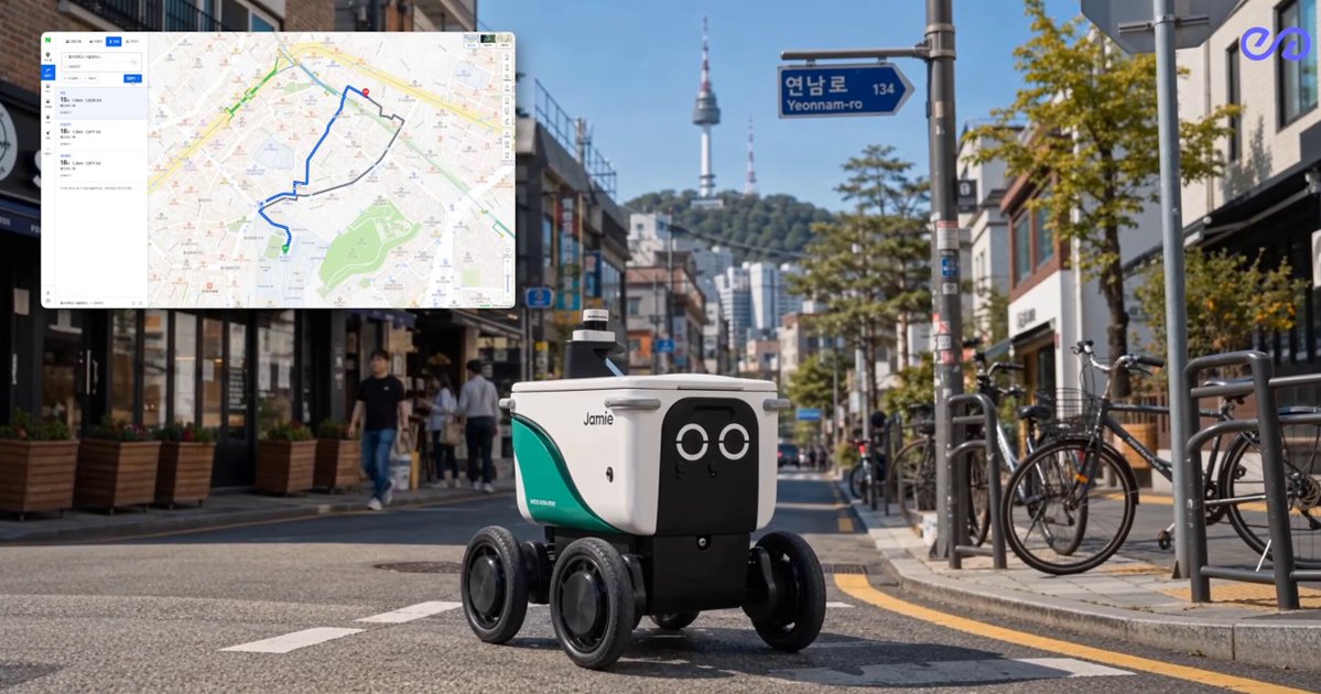 The image features an automated delivery robot with two wheels parked at the side of a street next to a sidewalk. The robot has a sign attached to its back that says "Peaq", indicating that it's part of a project or initiative related to the company Peaq. The scene takes place in front of a building, and there are several people walking on the sidewalk nearby.