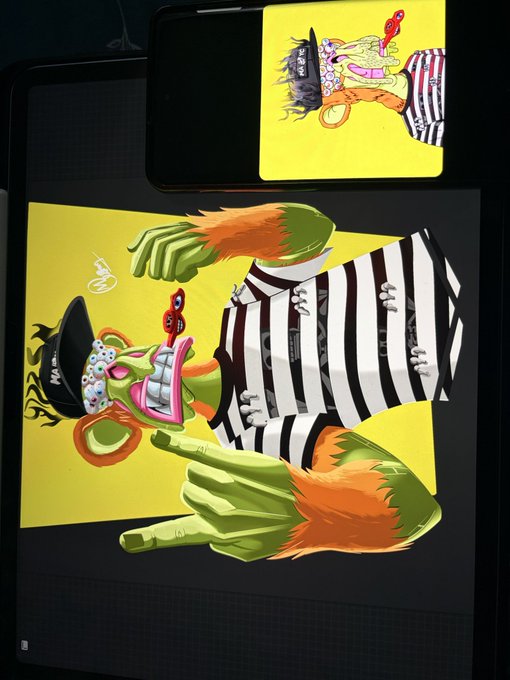 A digital artwork displayed on a tablet screen showing a stylized cartoon character with a police hat, striped shirt, and exaggerated green hands against a bright yellow background, with a phone preview visible above.