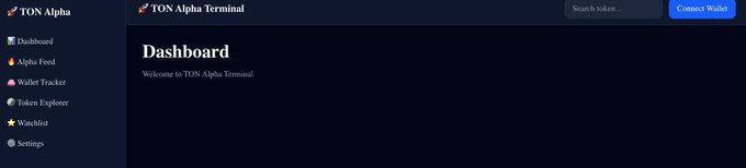 The image shows the dashboard of "TON Alpha Terminal," a crypto tool featuring navigation options for Alpha Feed, Wallet Tracker, Token Explorer, Wishlist, and Settings, with a "Connect Wallet" button visible. This aligns with the post about building tools for alpha hunting on the TON blockchain ecosystem.