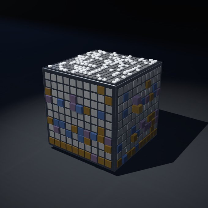 A 3D rendered cube with a pixelated pattern on its sides and studs on top, set against a dark background.