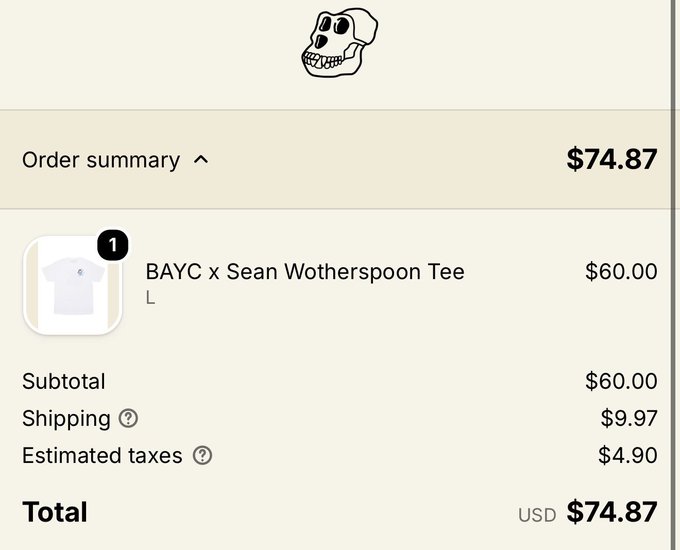An order summary screen showing a purchase for a 'BAYC x Sean Wotherspoon Tee' in size L for $60.00, with shipping and taxes bringing the total to USD $74.87.