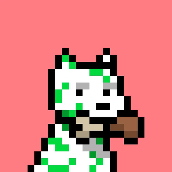 A pixel art character with a white face and green and white body holding a brown object against a pink background.