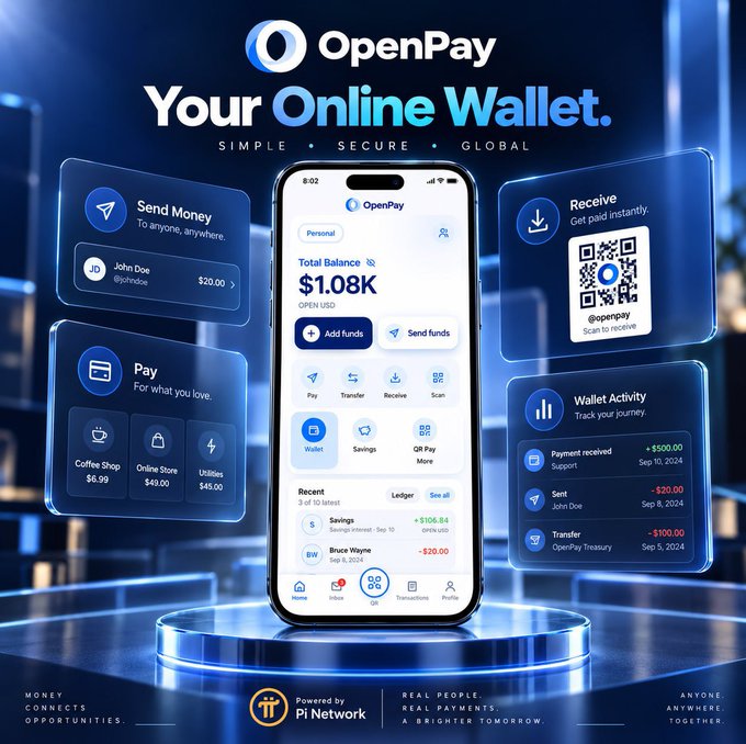 A promotional graphic for **OpenPay – Your Online Wallet** showcases the app's mobile interface alongside feature cards highlighting "Send Money to anyone, anywhere" ($20.00 to John Doe), "Receive – Get paid instantly" via QR scan (@openpay), "Pay for what you love" (Coffee Shop $6.99, Online Store $49.00, Utilities $45.00), and "Wallet Activity – Track your journey" showing transactions including a $500.00 payment received, $20.00 sent, and $100.00 transfer, while the central phone screen displays a **$1.08K Total Balance (OPEN USD)** with options to add/send funds, pay, transfer, receive, scan, and view savings; branded "Simple • Secure • Global" and "Powered by Pi Network," the image visually reinforces the post's message that OpenPay unifies digital payments—sending, receiving, spending, and tracking—into one secure, connected experience powered