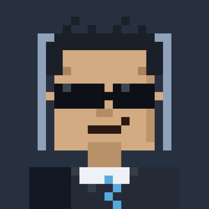 A pixel art portrait of a bearded character wearing sunglasses and a suit, likely representing one of the "6666 brokers" NFTs mentioned in the post. The image evokes a cool, mysterious aesthetic fitting the crypto NFT marketing promotion.