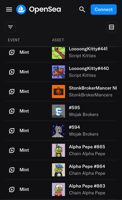 A screenshot of an OpenSea activity feed showing a series of "Mint" transactions for NFTs including LoooongKitty #441 and #440, StonkBrokerMancer NL, Wojak Brokers #595 and #594, and Alpha Pepe #865, #864, and #863. The post explains these mints are not genuine activity but rather a scam method designed to trick wallet trackers into minting the same assets.