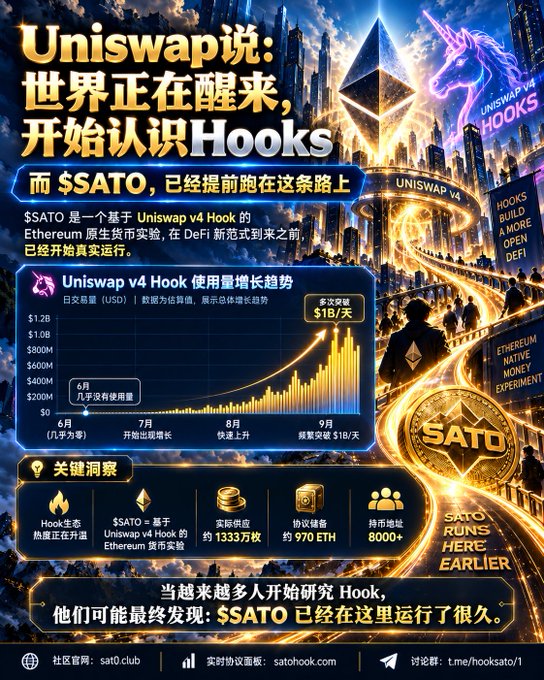 The image is a promotional infographic featuring the $SATO token, showcasing its position as an early Ethereum-native project built on the Uniswap v4 Hook standard. Key data points highlighted include a chart displaying Uniswap v4 Hook usage trends from June to September (peaking at $1B/day), along with metrics such as approximately 1333 wallets holding real tokens, around 970 ETH in protocol reserves, and 8000+ community members. The accompanying text emphasizes that while Uniswap says "the world is waking up to Hooks," $SATO has been running on this technology well ahead of the curve.