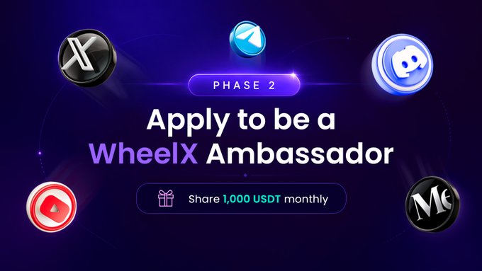 The image features an advertisement for the WheelX Ambassador Program Phase 2. The poster displays various symbols related to the program, such as a wheel and a thumbs up sign. The text on the poster encourages people to apply to be part of the program by sharing their skills with others through the WheelX Ambassador platform. The post also mentions that there is a "shares 1,000 USDT monthly" offer for those who participate in the program.