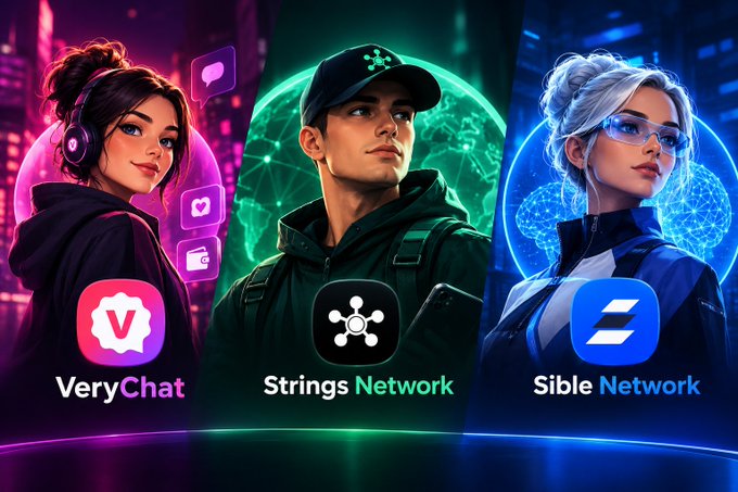 A promotional graphic displays three characters representing the apps 'VeryChat', 'Strings Network', and 'Sible Network' against vibrant, neon-colored backgrounds.