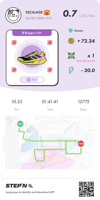 A STEPN app screenshot showing a Jogger Lv30 sneaker, earning 0.7 GMT/Min (+72.34 GMT), dated 30/07/2026 17:33, with stats: 10.35 Km, 01:41:41 time, 12775 steps, and a map showing a jogging route.
