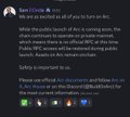 A screenshot of a tweet from Boris (@Boris_Cr) explaining that while Arc was announced, its official launch is pending audits and team readiness, providing no specific go-live date in response to the user's impatient demands.