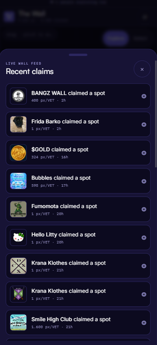 A 'Live Wall Feed' showing recent claims on the VeChain network, including users like 'BANGZ WALL' (600 px/VET), '$GOLD' (324 px/VET), and 'Smile High Club' (1,600 px/VET).