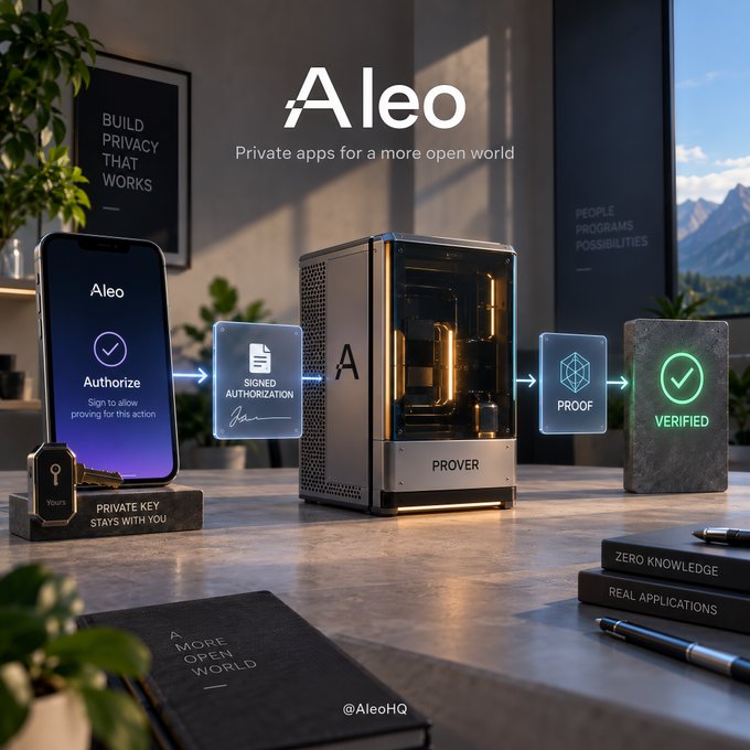 A promotional image for 'Aleo' features the tagline 'Private apps for a more open world' and visualizes zero-knowledge proof authentication involving a phone, prover, and verification across posters reading 'BUILD PRIVACY THAT WORKS' and 'ZERO KNOWLEDGE REAL APPLICATIONS'.