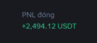 A dark screen displays 'PNL đóng' with a profit of '+2,494.12 USDT' shown in green text.