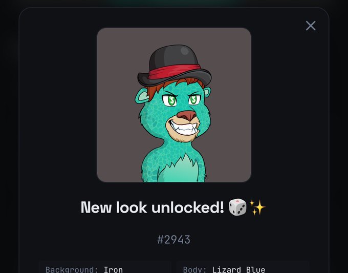 A digital avatar interface showing a 'New look unlocked!' message with dice and sparkle emojis, featuring a teal lizard-like character #2943 wearing a black hat with a red band, labeled 'Background: Iron, Body: Lizard Blue'.
