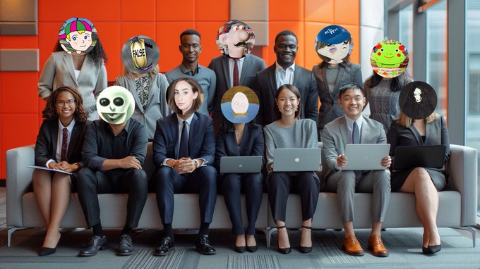 A group of business people pose for a photo with cartoon and meme-style masks (including Pepe, Wojak, and other character faces) digitally placed over some of their faces.